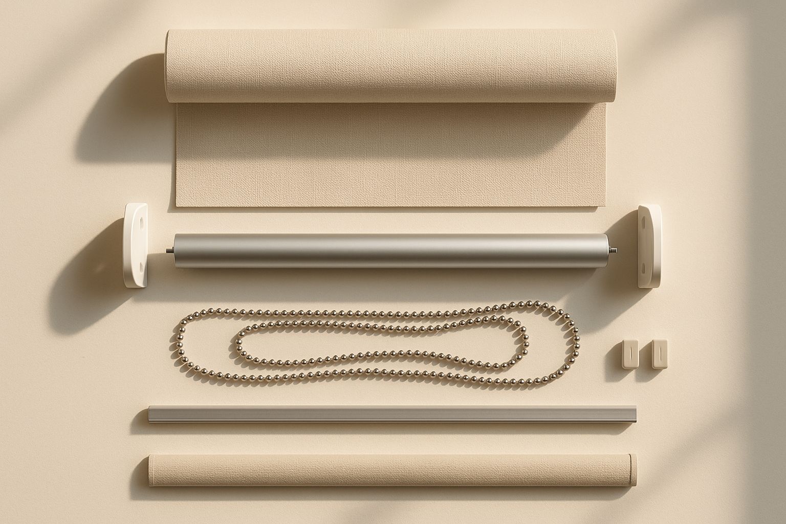Exploded view of a roller blind: fabric, roller tube, brackets, bead chain, end caps and bottom rail