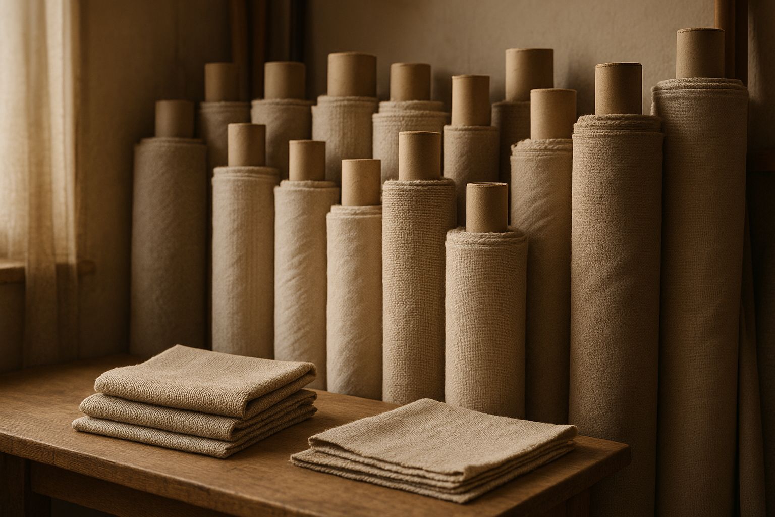 Rolls of premium curtain fabric in the Windeco workshop