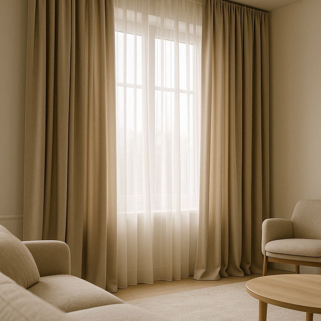 Custom-made curtains and sheers in a warm modern living room