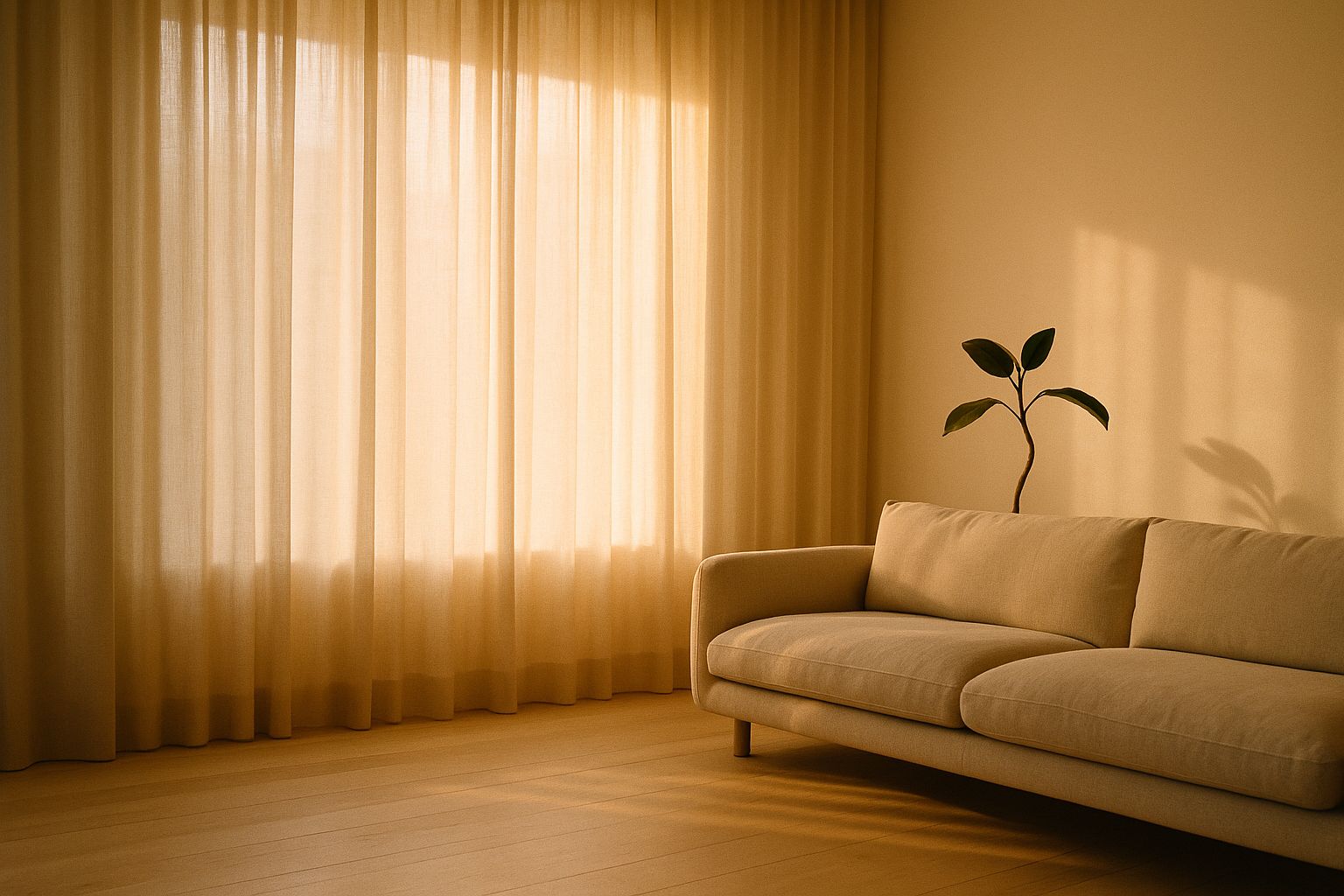Warm afternoon light glowing through floor-to-ceiling sheer curtains