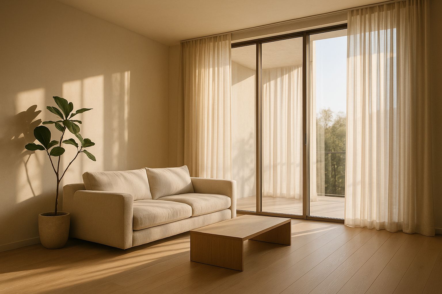 Sunlit modern living room with floor-to-ceiling sheer curtains