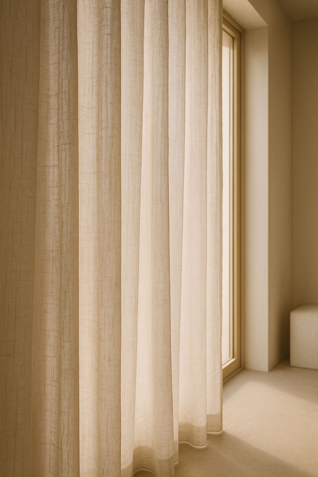 Sheer linen curtains diffusing soft daylight beside a window